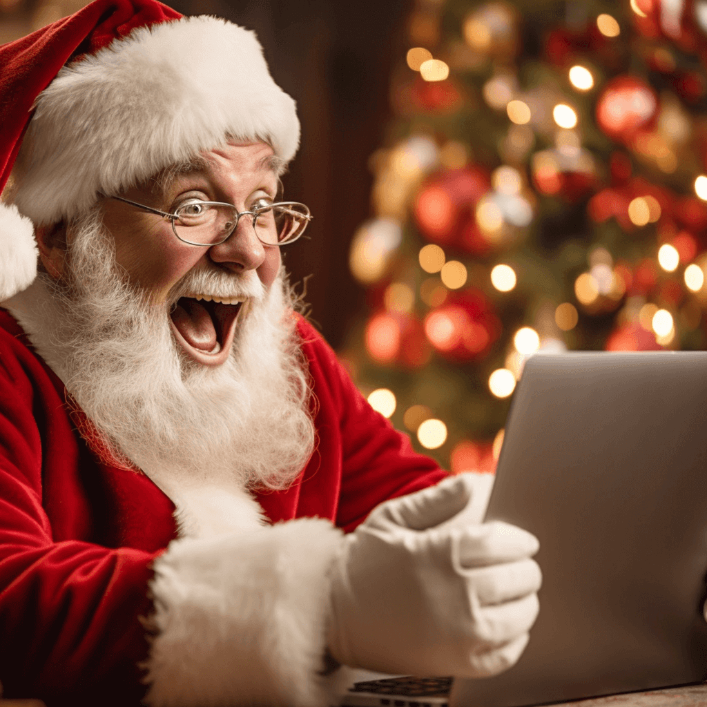 Le Père Noël devant son ordinateur en train de faire un chat vidéo en direct